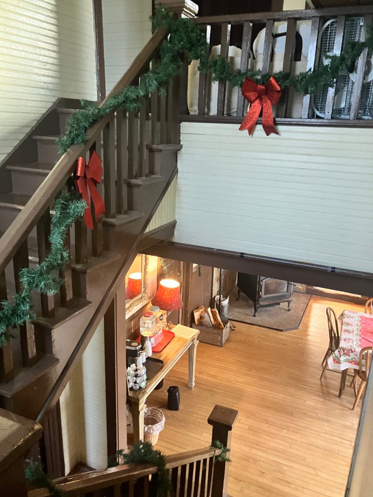 Inn staircase decorated for Christmas